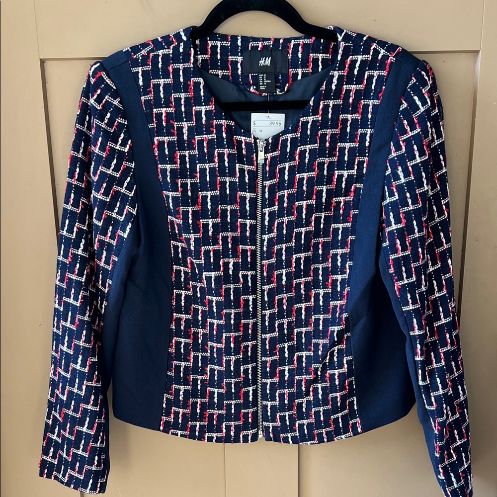 H&M New w Tag Sz 12 Navy Zip Up Tweed Geo Print Jacket Contemporary
